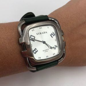 Watch by Strada green leather band buckle closing water resistance in gift box